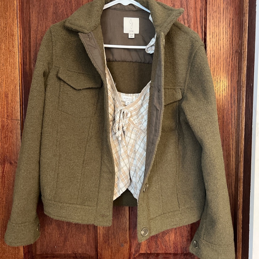 Joie Olive Green Wool Jacket XS and Kiriou Plaid Ruffle Cami Top Medium Set fall